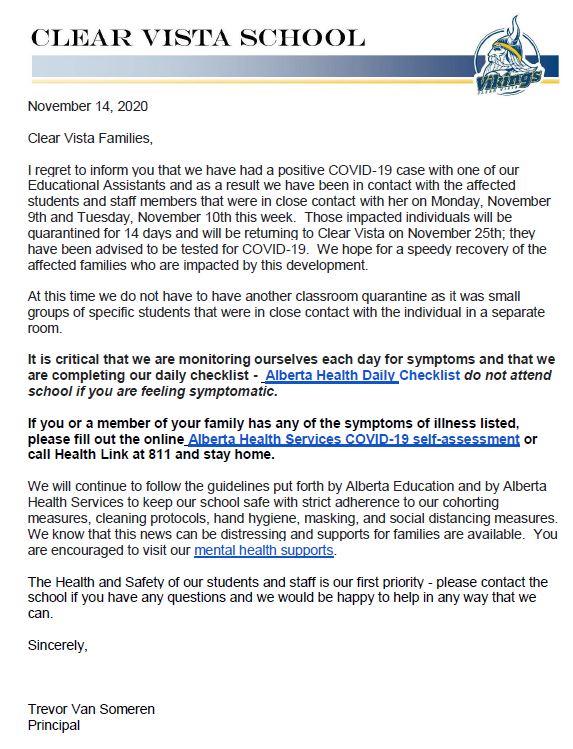 Cv Covid Case November 14 2020 Corrected Dates To Nov 9 And 10th For Exposure Clear Vista School